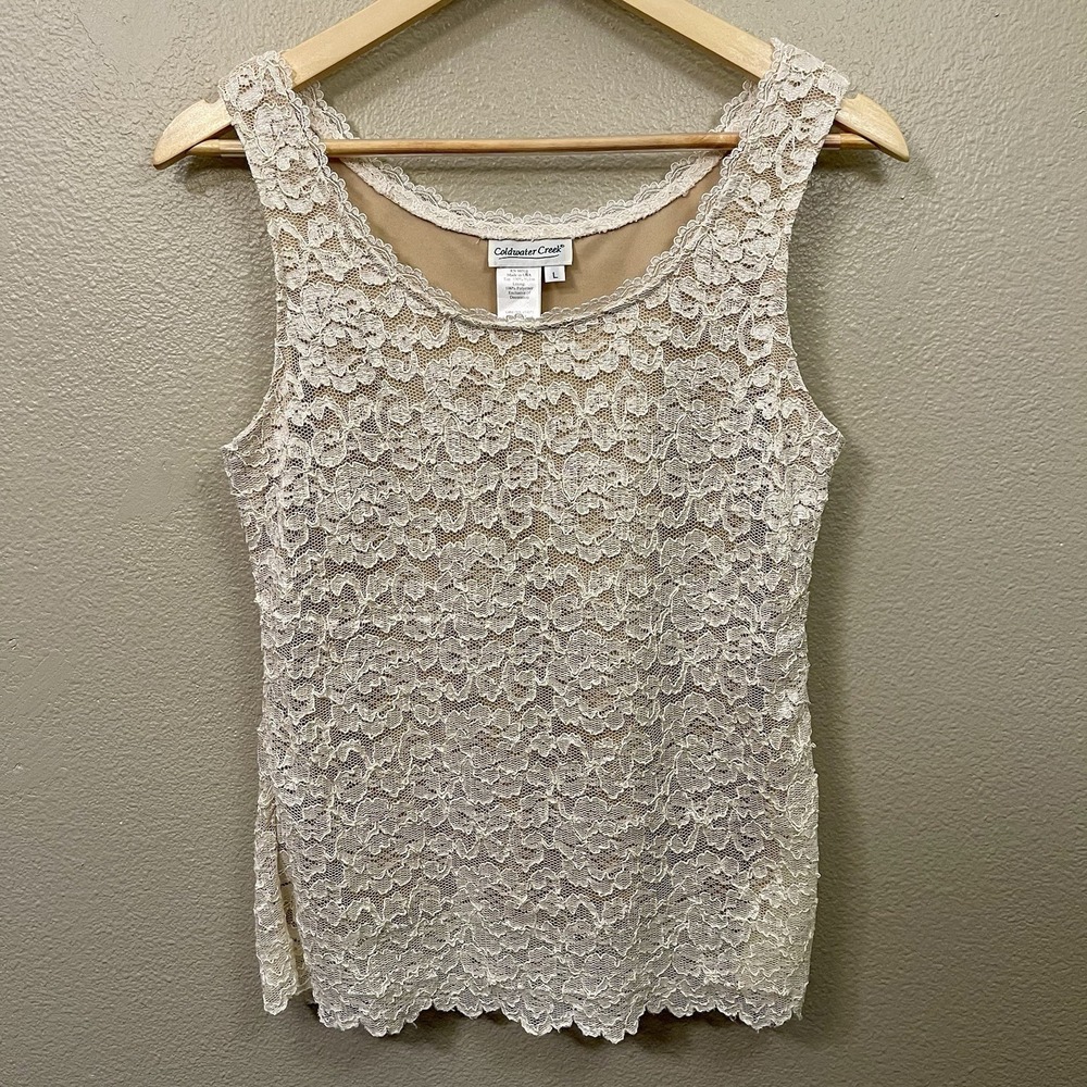 Coldwater Creek All Lace Overlay Camisole Top Scalloped Hem Coquette Classy Sz L